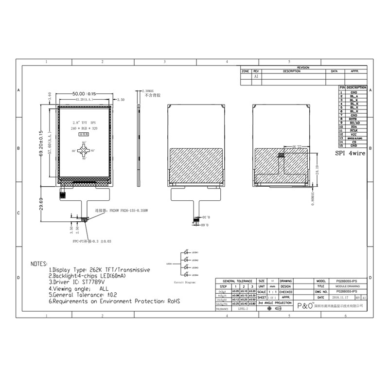 Polcd tela sensível ao toque de 40 pinos LCD 240 x 320, MCU FPC painel de toque LCD TFT de 2,8 polegadas