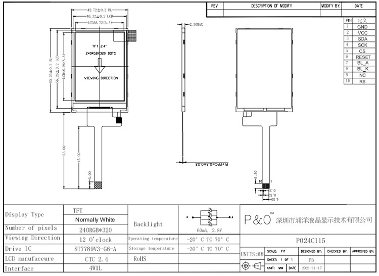 Polcd RoHS Display LCD TFT de 2,4 polegadas ST7789V3 Módulo LCD TFT 4 fios SPI