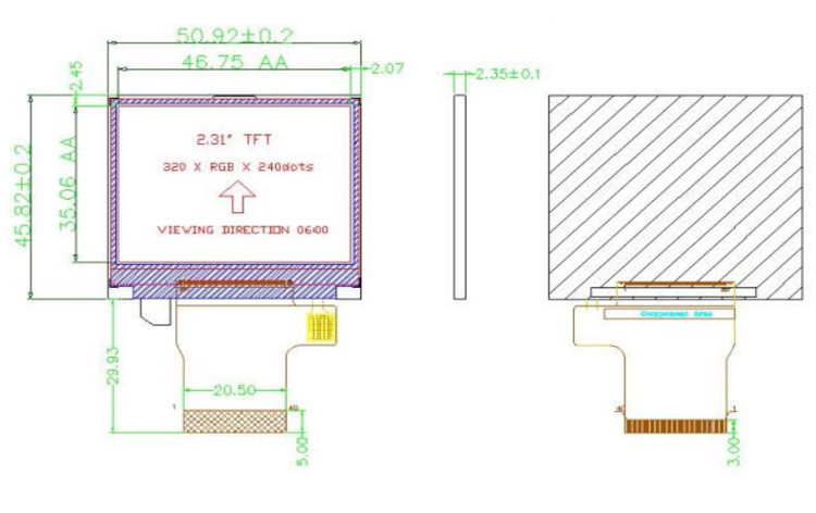 Polcd Cor 262K 2,31 polegadas tela quadrada 300 Nit 320x240 tft display lcd