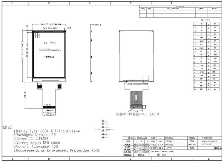 Polcd 320x480 3.5 polegadas painel TFT Spi 8 / 9 / 16 / 18 interface paralela LCD