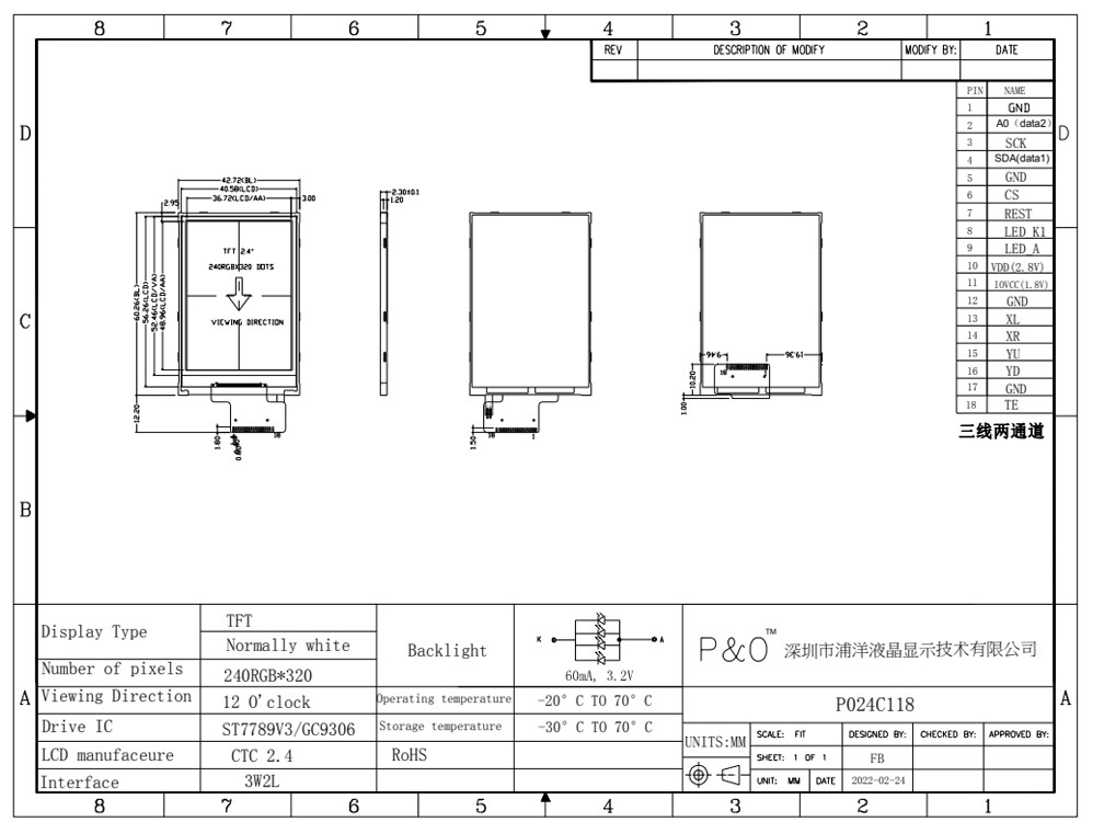 Polcd ST7789V2 HD TFT Display RoHS 2.4 Tft Spi 240x320 3 Fios 2 Linhas