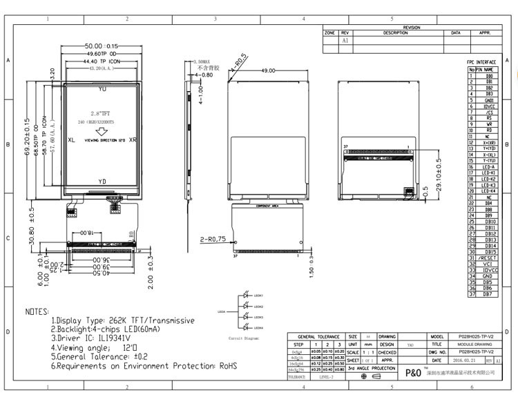 Polcd 2,8 polegadas ângulo de visão total TFT LCD tela sensível ao toque painel IPS legível à luz do sol