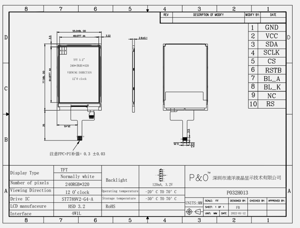 Polcd ST7789V 3,2 polegadas Tft LCD colorido 262K TFT LCD Display 48,6 mm 12 0'CLOCK
