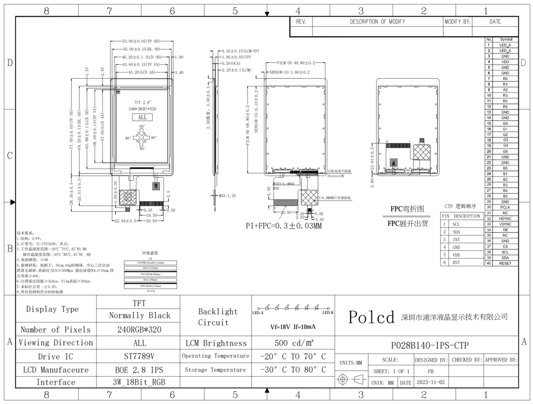 Polcd Alta luminosidade 500nit 2,8 polegadas tela LCD 240x320 IPS todos os ângulos de visão CTP capacitivo touch TFT display