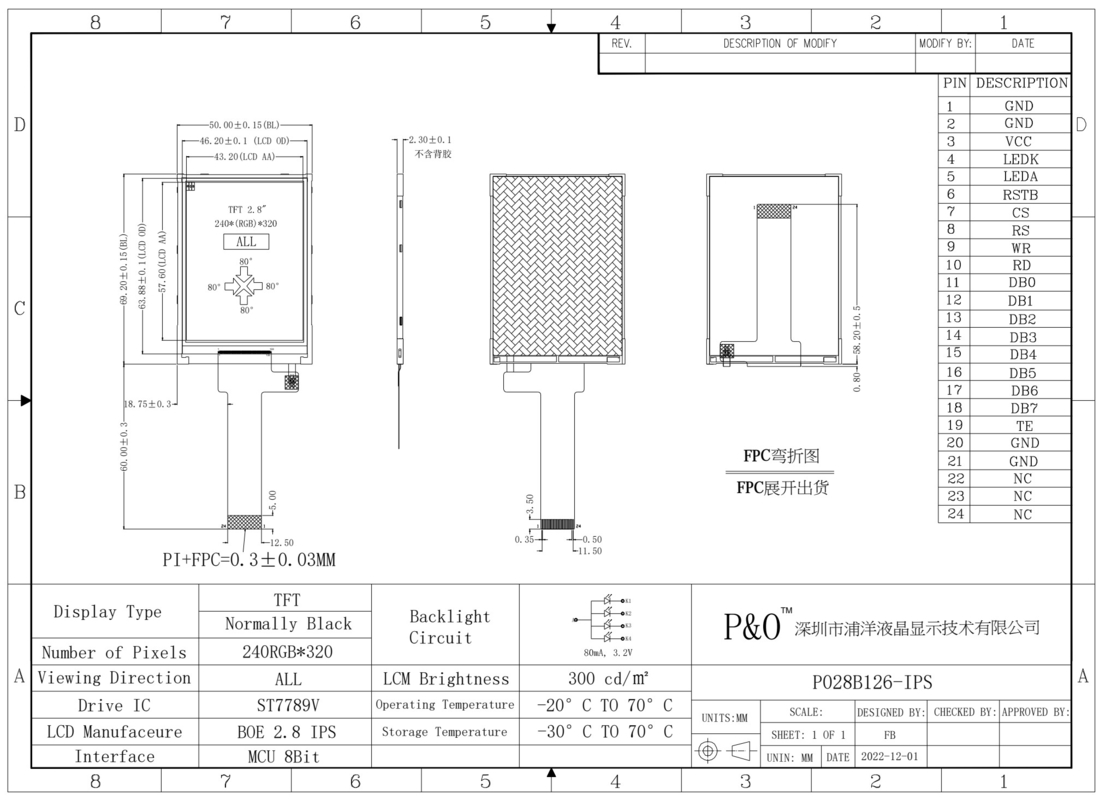 Polcd 2,8 polegadas LCM Display IPS Screen 240x320 Resolução MCU Interface de 8 bits 24 pin TFT LCD Modulo