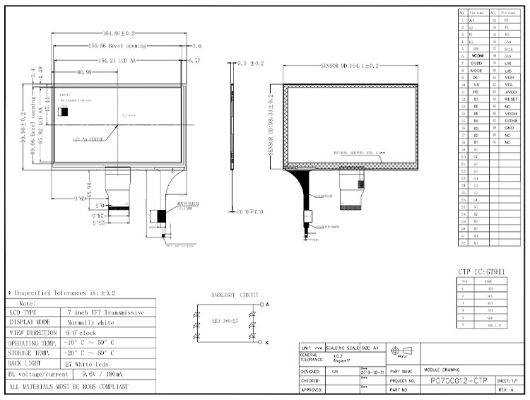 Polcd 7' Tft LCD Panel 800x480 Capacitive Touch Screen Interface RGB 7 polegadas LCD Module Display