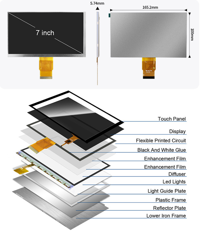 Polcd Módulo Tft de 7 polegadas 800X480 Ecrã IPS de alto brilho Interface RGB Painel de toque capacitivo TFT LCD de 7