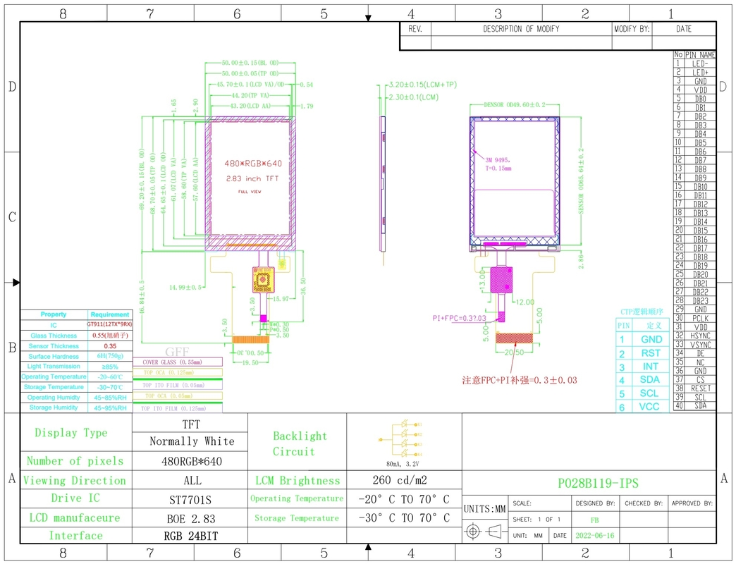 Polcd 2,8 polegadas 480 * 640 Interface RGB de resolução Painel táctil ST7701S LCD TFT Display Module