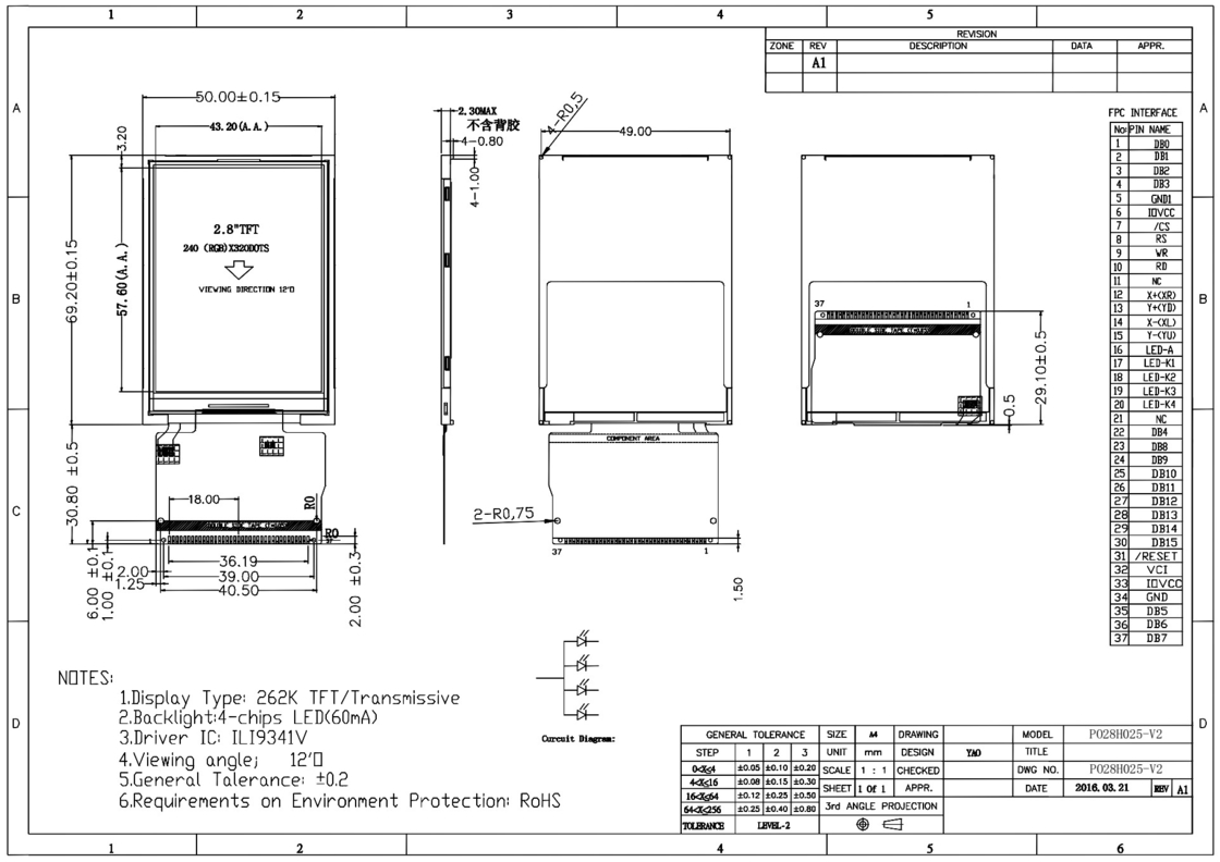 Polcd RoHS Display TFT HD de 2,8 polegadas 8080 MCU Display LCD TFT de 16 bits