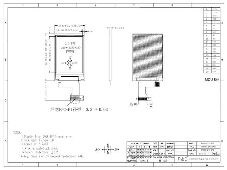 Tela LCD Polcd 262K 2,4 mm 2 polegadas ST7789V Tela LCD IPS TFT 240X320