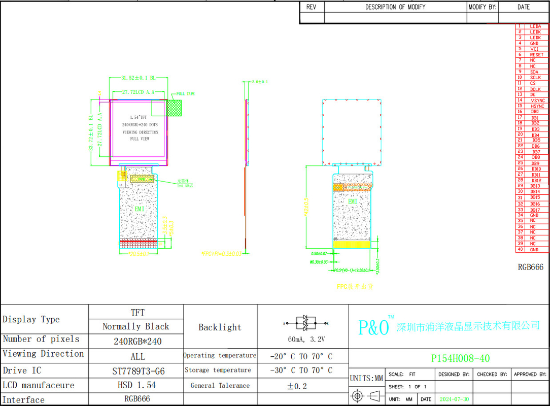 Polcd 1,54 polegadas TFT LCD Display 240x240 IPS Quadrado tela 40 pin RGB666 Interface painel LCD