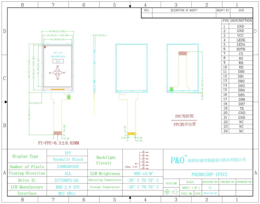Polcd 2,8 polegadas tela LCD 240x320 MCU Interface ângulo de visão largo TFT módulo LCD transflectivo com ST7789P3-G6
