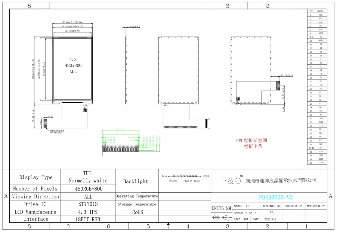 Polcd 4,3 polegadas IPS TFT Screen 480*800 RGB interface ST7701S Condutor LCD Display Module para industrial