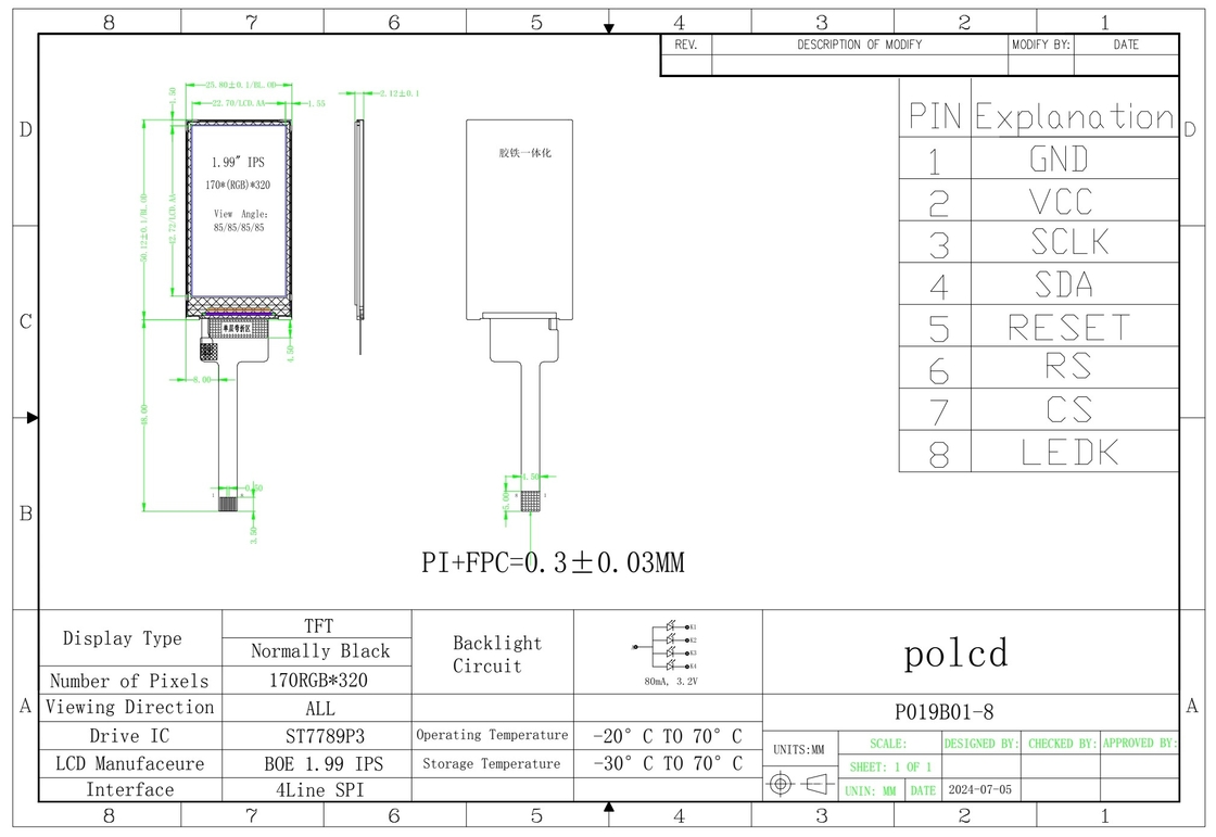 Polcd 1,9 polegadas 170*320 ST7789P3-G6 SPI Bar TFT LCD Module Screen 8 Pins IPS Vertical LCM Display