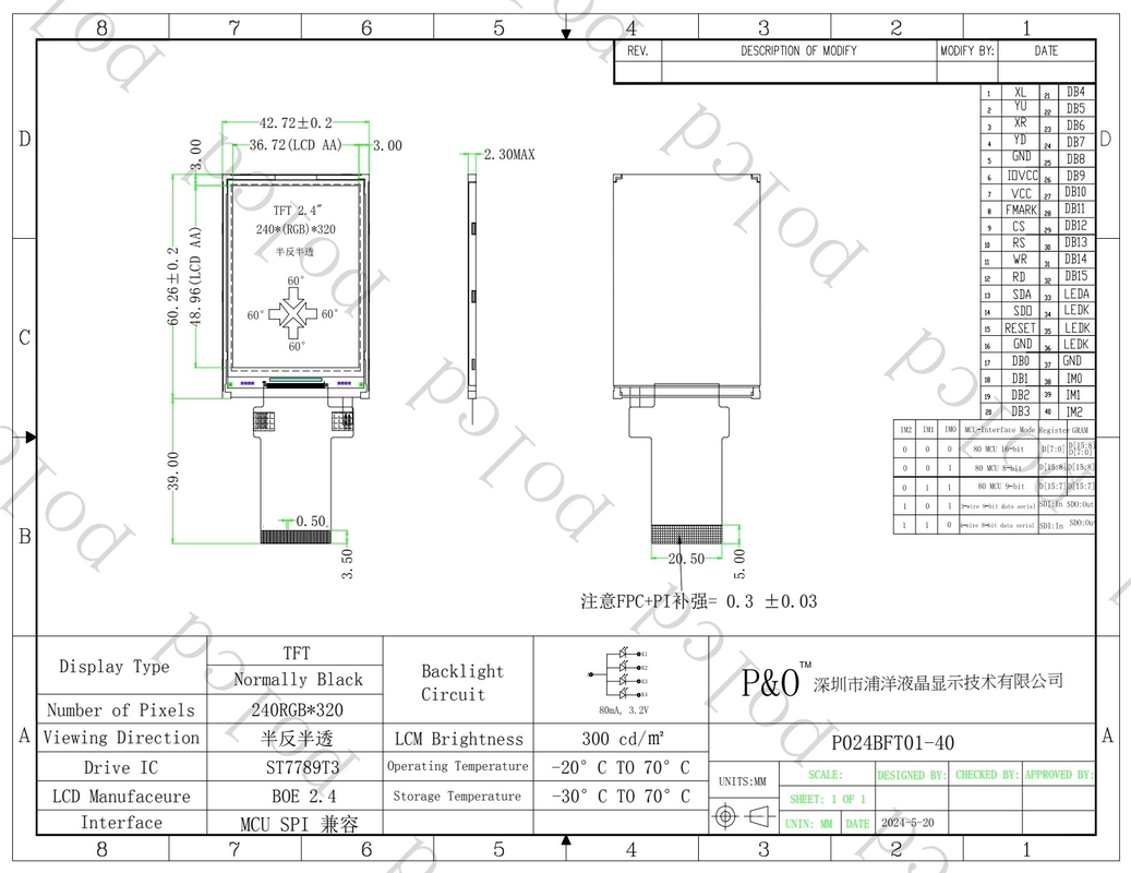 Polcd Full Color LCD Display Transflector TFT de 2,4 polegadas SPI MCU 20 pin Qvga 240x320 TFT LCD