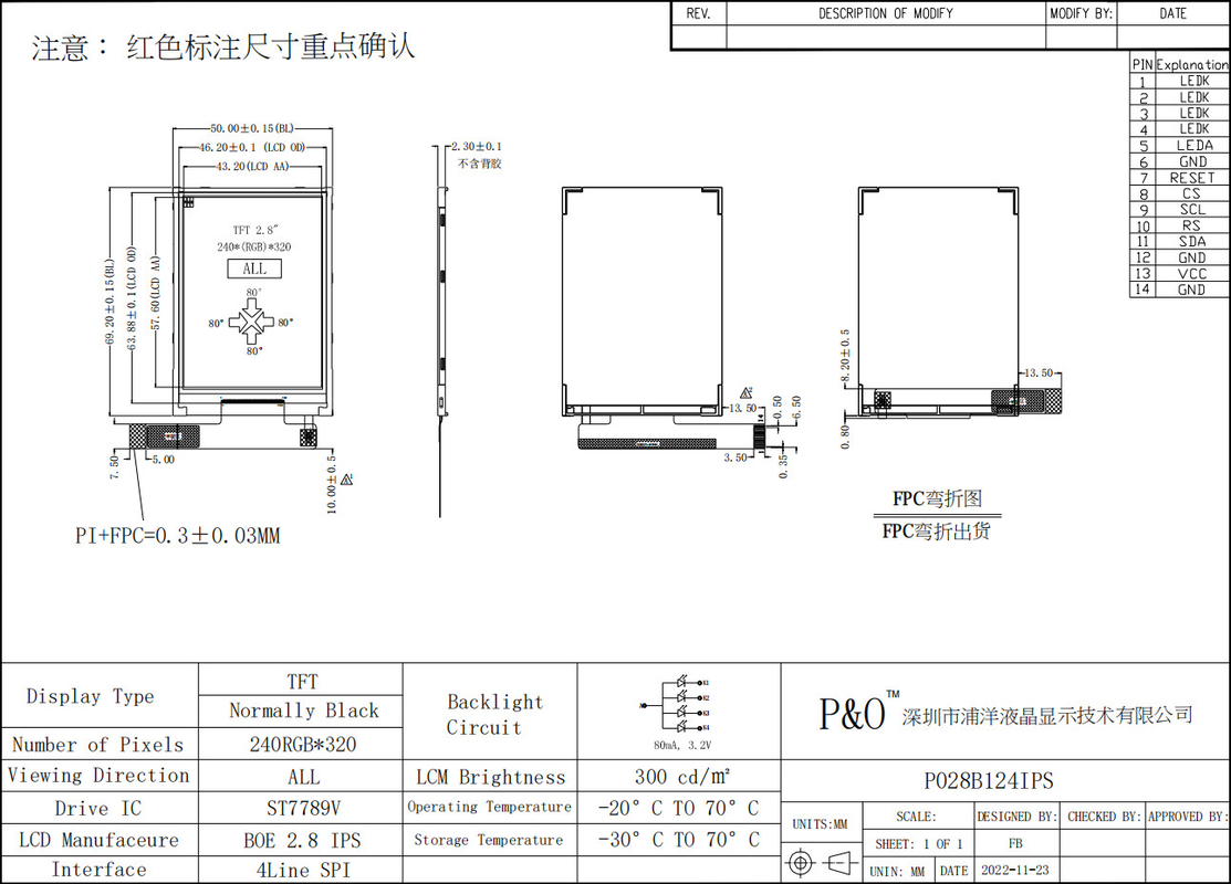Polcd 2,8 polegadas LCD Modulo 240x320 ST7789V SPI Interface 14 pin 2,8 TFT Display Ecrã LCD