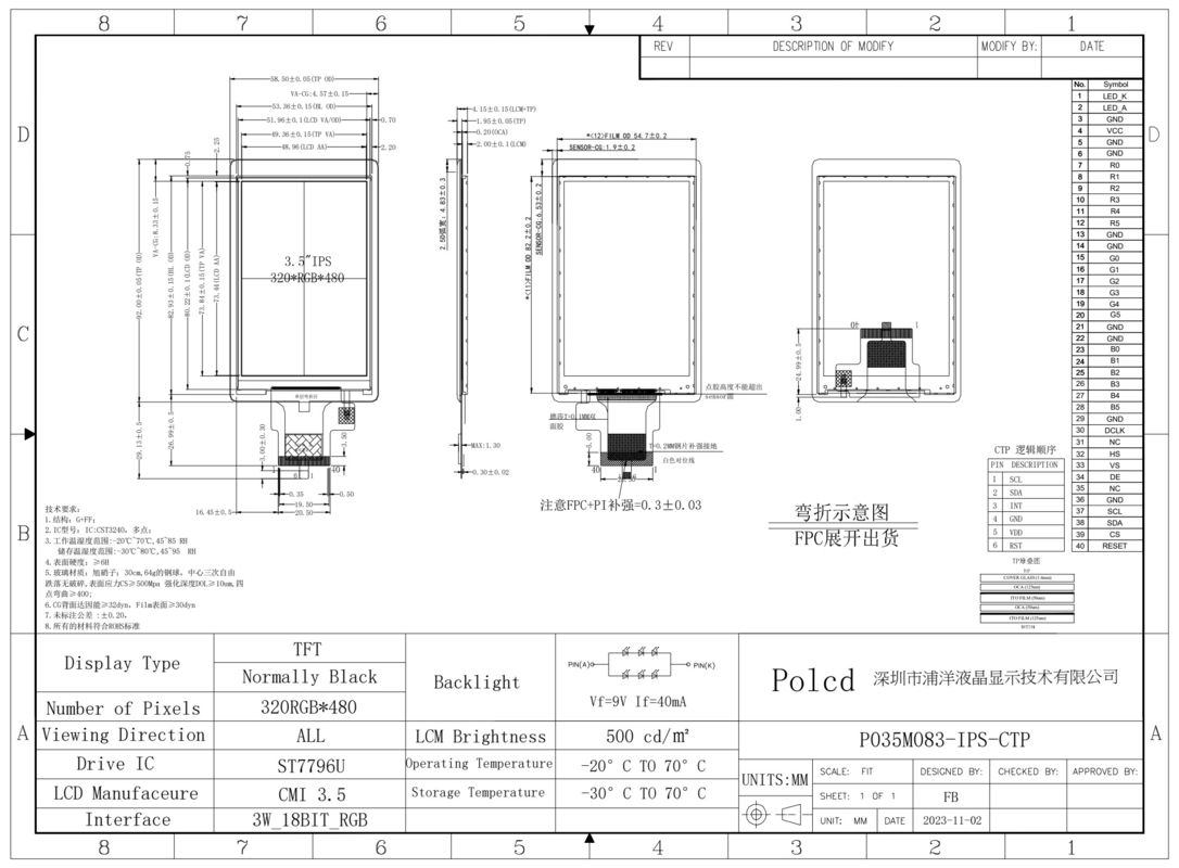 Polcd Custom LCD Display 3,5 polegadas 320x480 40pin IPS Ângulo 500nit ST7796U capacitivo touch screen