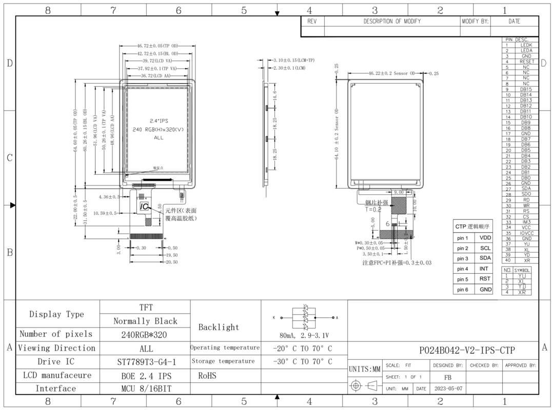 Polcd ST7789V drive ic 2.4 Inch LCD Display 240x320 TFT LCD Color Screen Module com TP