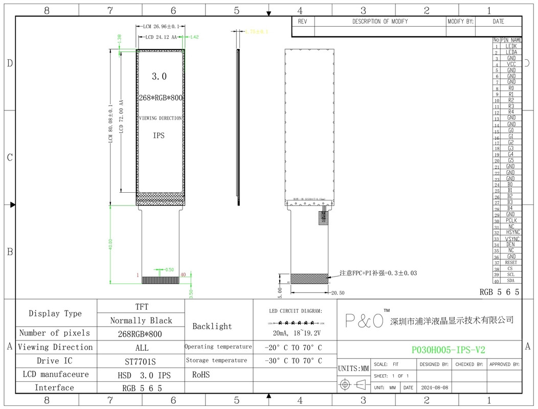 Polcd Display TFT-LCD pequeno de 3,0 polegadas 268*800 RGB Interface Industrial IPS All View Angle Lcd Module