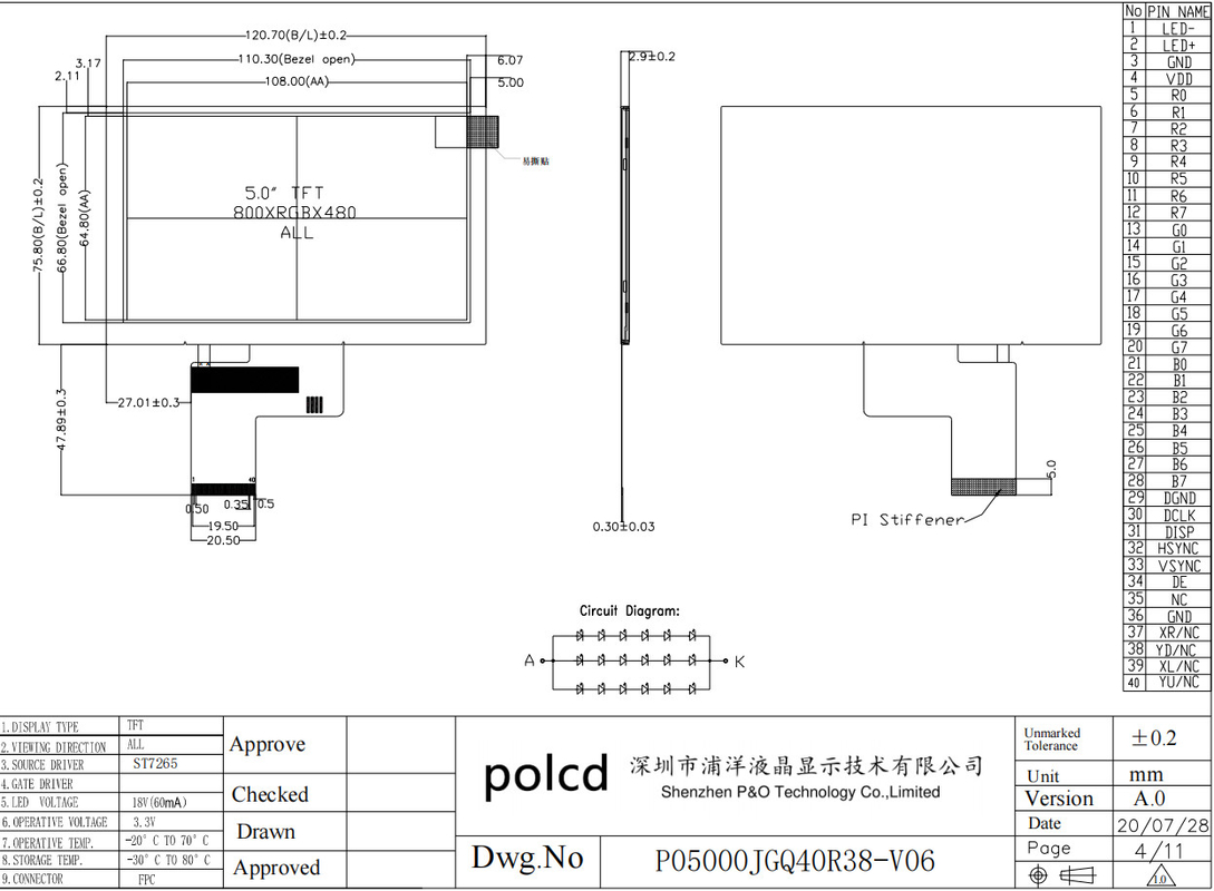 Polcd 5 polegadas TFT LCD 800x480 500nits Brilho RGB 24 bits Interface IPS Screen Module