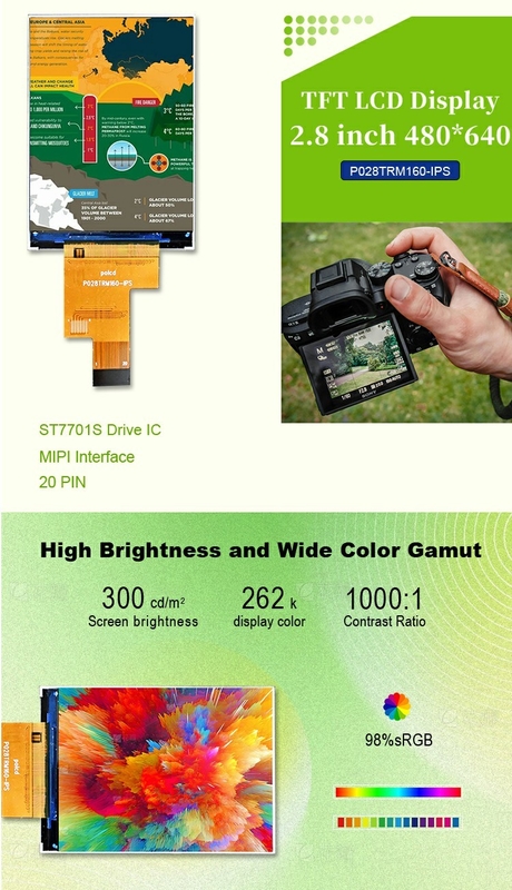 Polcd 2,8 polegadas IPS LCD Display com MIPI Interface 480x640 Resolução 300nits 2,8