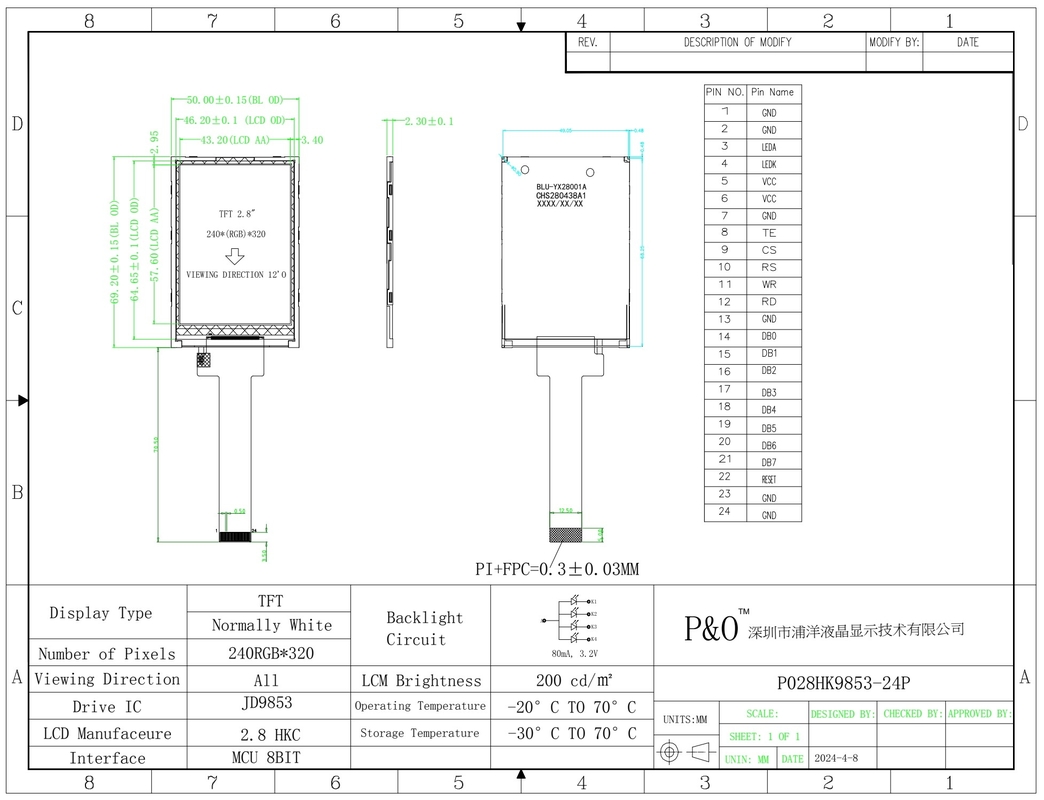 Polcd 2,8 polegadas 240*320 Resolução 50pin Tft LCD Screen Display Module 2,8