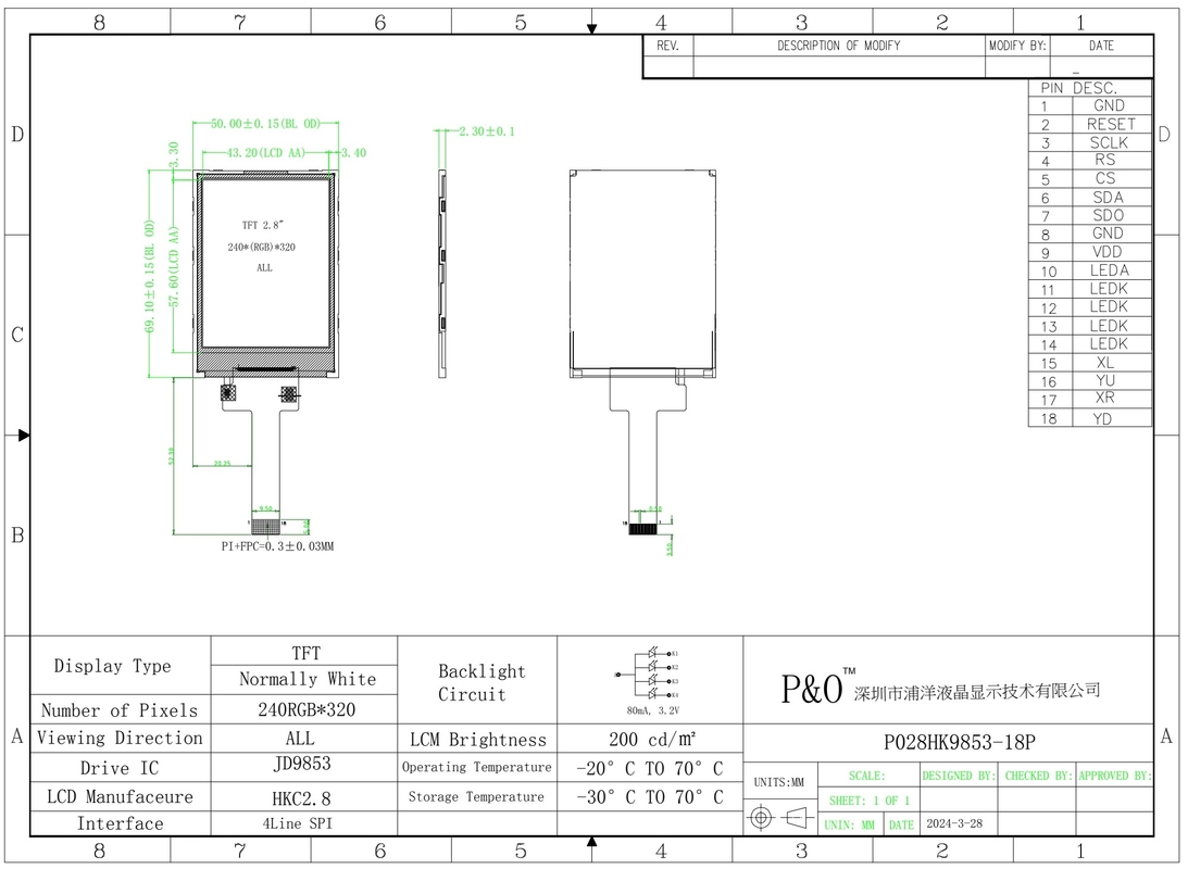 Polcd 2,8 polegadas 240x320 IPS TFT LCD Screen SPI JD9853 IC All Free Viewing Angle Panel Display Module