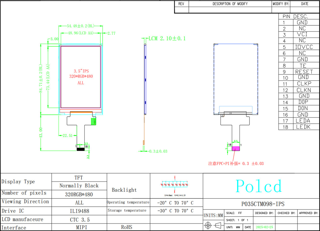 Polcd 3,5 polegadas IPS TFT LCD 320 * 480 Ili9488 Drive Ic 600: 1 Modulos de exibição LCD de relação de contraste