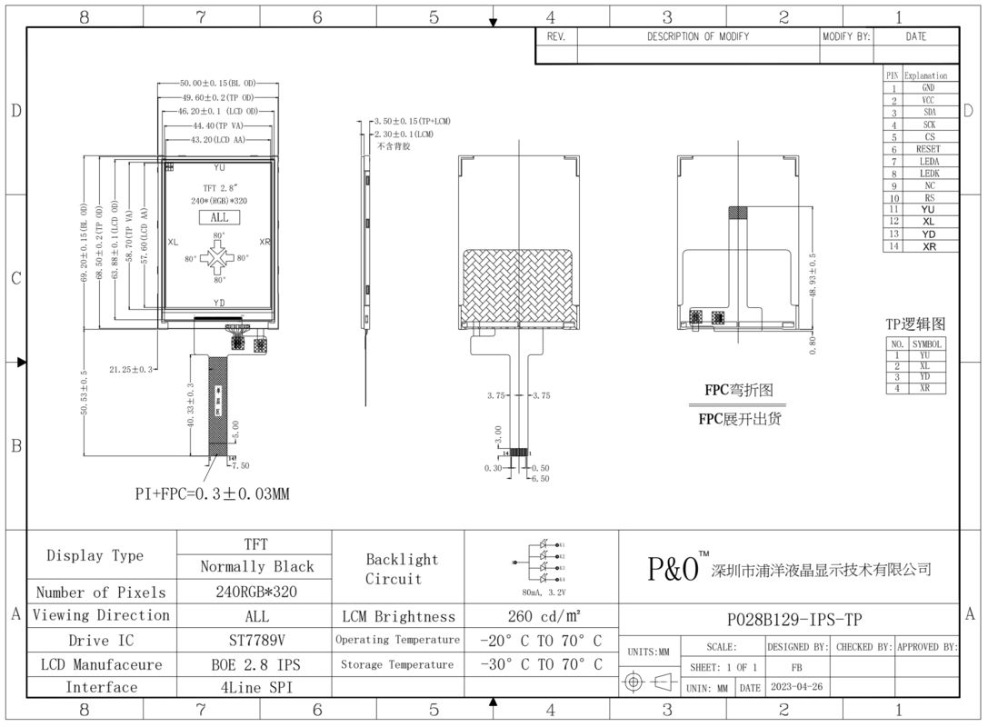 Polcd 2.8 Inch TFT LCD Display Module with 240*320 Resolution SPI/RGB/MCU 14-Pin Interface