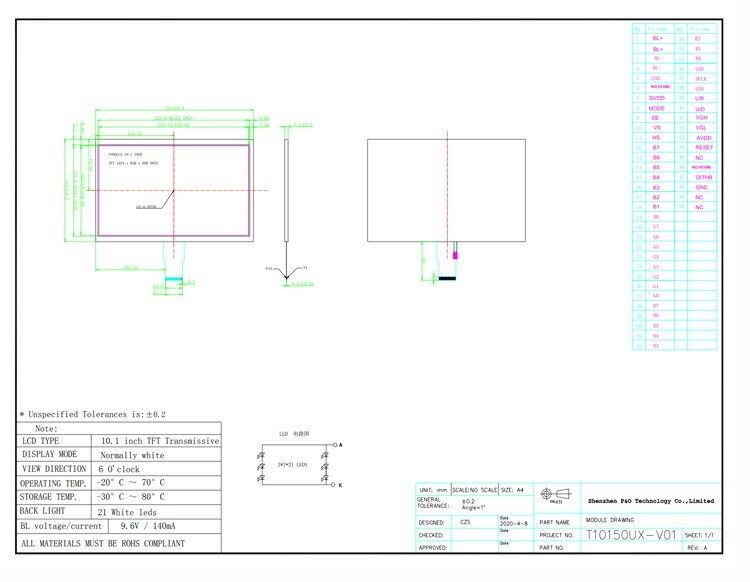 Resolução Polcd 1024X600 Display LCD de 10,1 polegadas EK79001 Módulo de display TFT 750 Nit