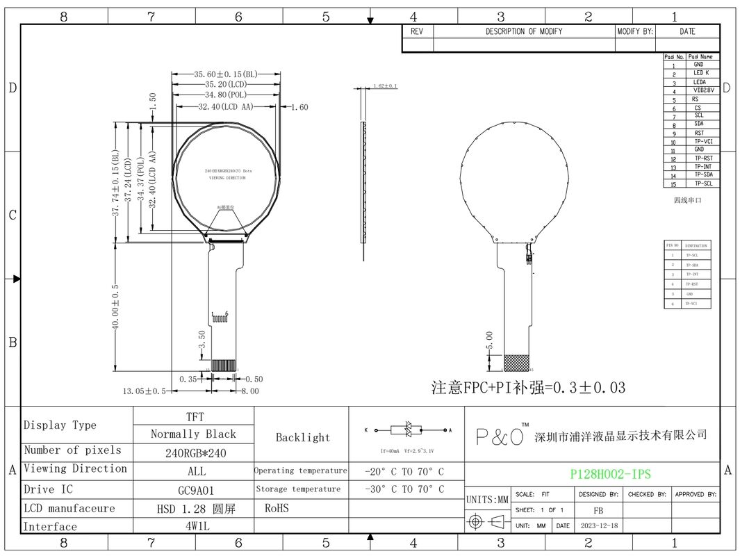 Polcd 1,28 polegadas IPS Circular LCD Display 240xRGBx240 Resolução Modulo LCD TFT personalizado para relógios inteligentes