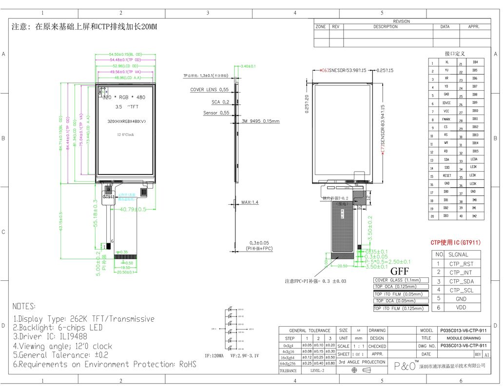 Polcd 3,5 polegadas QVGA LCD Display com 320x480 Resolução MCU SPI Interface Touch Panel 3.5 