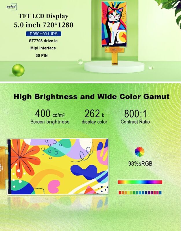 Polcd Custom LCD 5,0 polegadas painel TFT IPS LCD tela 400nit 720x1280 LCM Display Module
