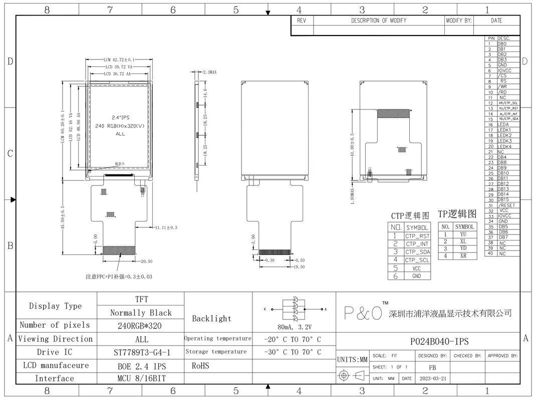 Polcd 2.4 polegadas MCU Interface TFT Display Driver IC ST7789V2 240x320 Resolução 2.4 polegadas TFT módulos LCD