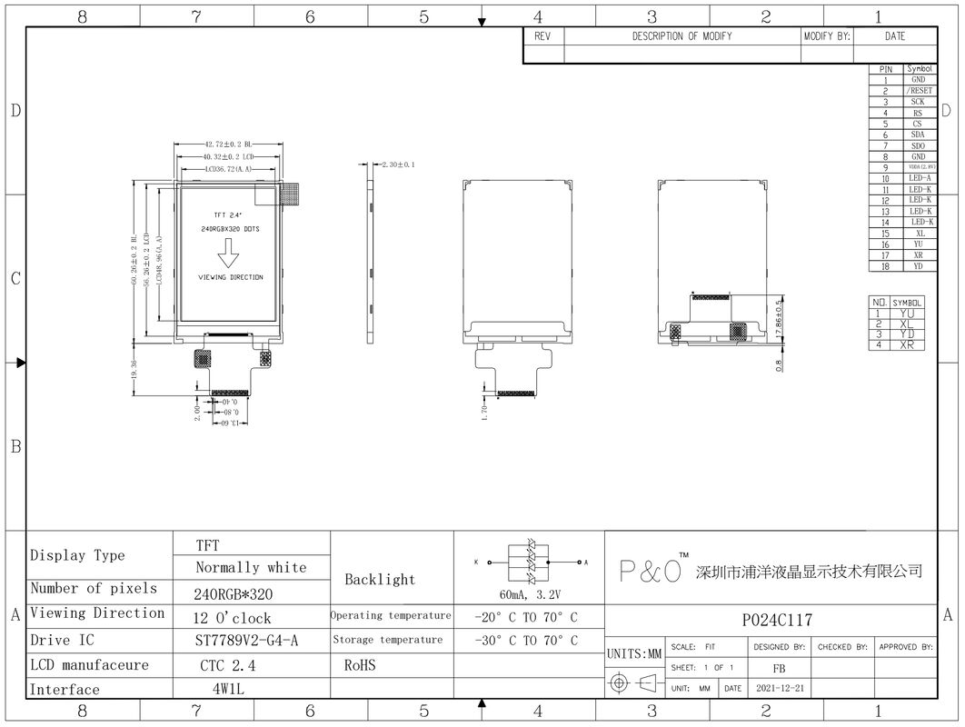 Visualização ótica de tela táctil da exposição ST7789V2 Tft do Pin 2,4 Spi Tft Lcd de Polcd 18
