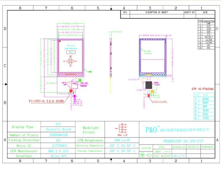 2.8 polegadas 178° Ips Tft Capacitive Touch Screen Full View Angle Spi Interface