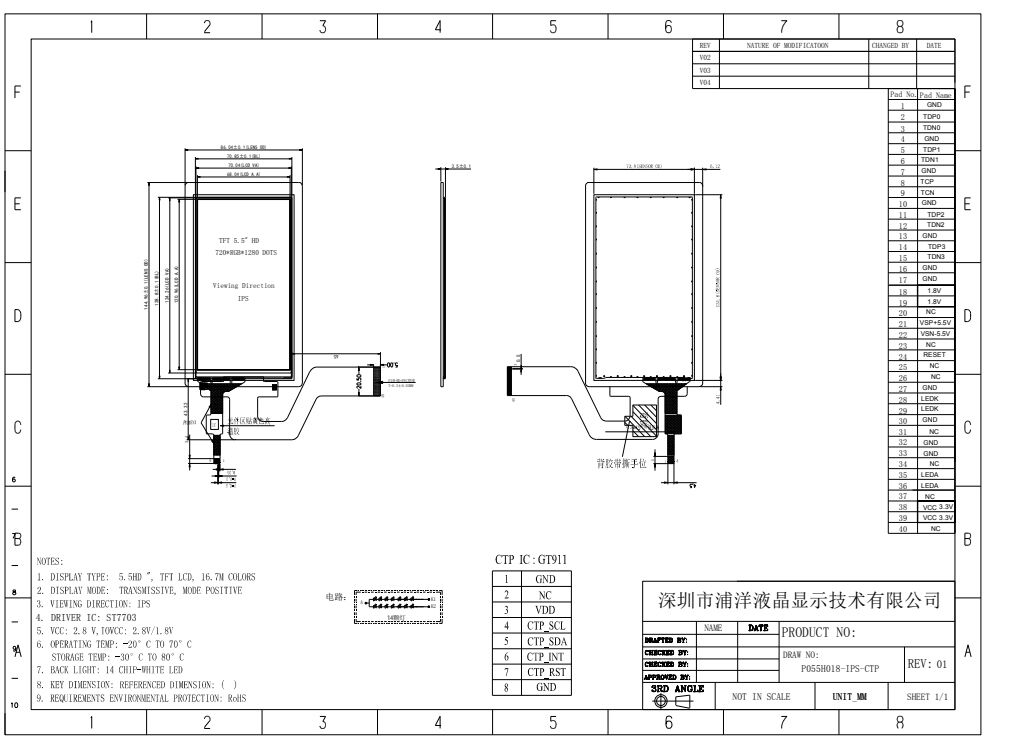Polcd Módulo TFT de 5,5 polegadas 750x1080 Resolução Painel de toque tela MIPI Interface 40 pin IPS Ângulo de visualização TFT LCD