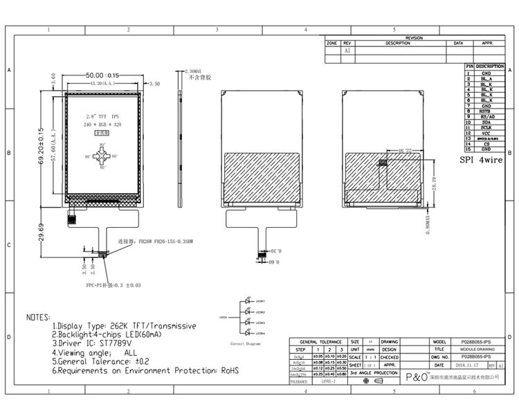Polcd 2,8 polegadas Resolução 240*320 Spi Interface TFT Graphic LCD Display Module para Várias Aplicações