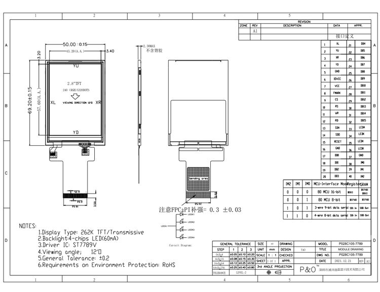 Polcd 2,8 polegadas TN TFT LCD Display 240x320 Resolução Transmissora MCU SPI ST7789V TFT LCD Screen Module