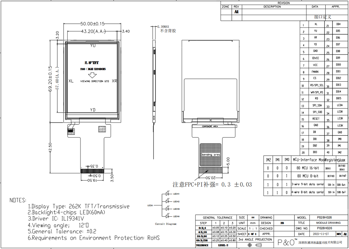 Polcd 2,8 polegadas TFT Modulo 240x320 Resolução SPI MCU interface ILI9341v TFT Transmissor 2,8 