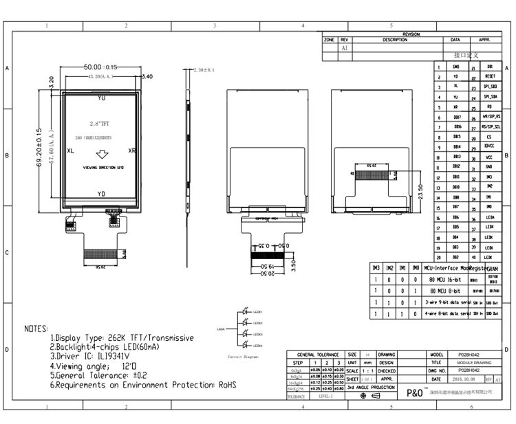 Painel de tela LCD de 2,8 polegadas Polcd 240 * 320 MCU SPI interface ILI9341V TFT LCD Módulo de exibição