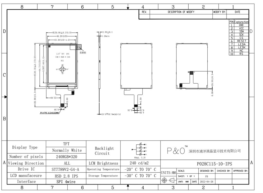 Polcd 2,8 polegadas IPS Tela LCM Módulo 240x320 SPI Interface ST7789V Display LCD TFT de alto brilho