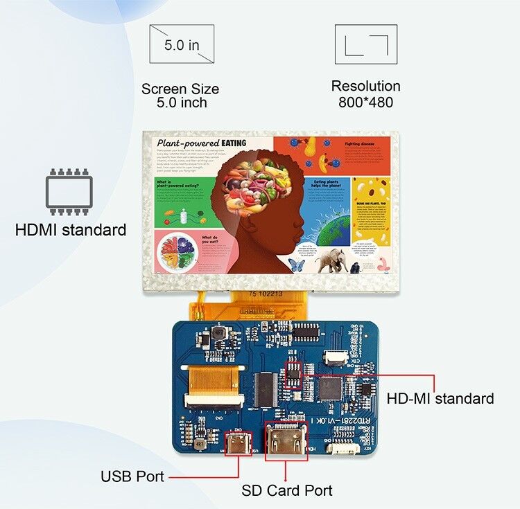 Polcd RTD2281 LCD Driver Board 5 4,3 polegadas HDM-I 800x480 Touch Screen TFT Display Module para Raspberry Pi