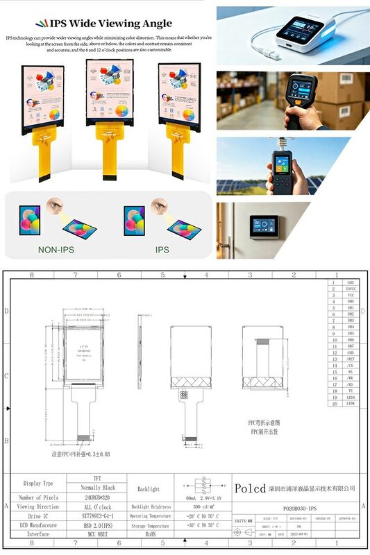 Display de cristal líquido Polcd 2.0 polegadas Mini Full Color ST7789 MCU IPS Full Angle View 240x320 TFT LCD Module