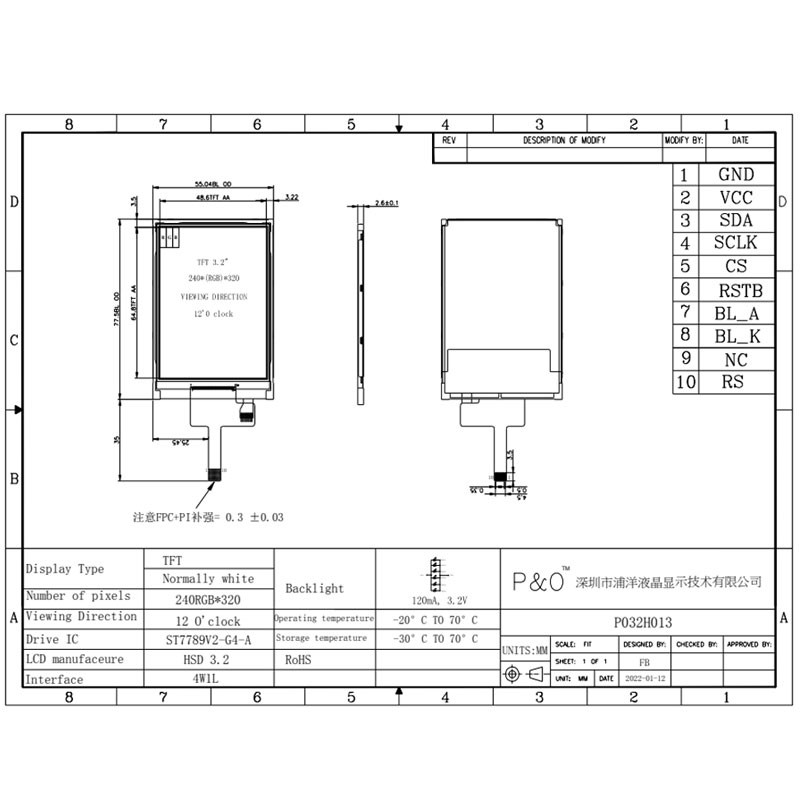 Polcd ST7789V 3,2 polegadas 320x240 Touch LCD 4 linhas SPI Monitor LCD de alto brilho
