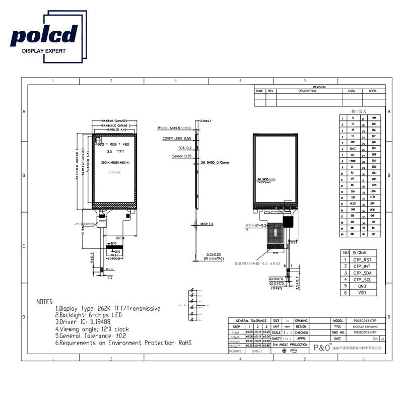 Polcd ST7796S 3.5 LCD TFT Display Rgb RoHS LCD de 18 bits para aplicações médicas
