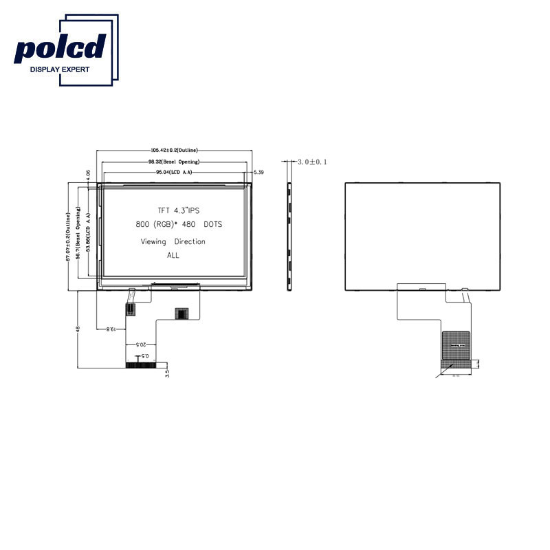 Polcd ST7262E43 Tela sensível ao toque capacitiva de 4,3 polegadas 40 pinos Lcd 800x480 300 Nit