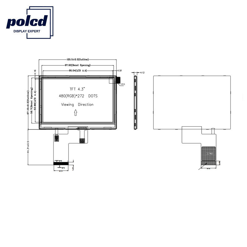 Polcd 4,3 polegadas 480 x 272 Tft LCD Display RGB Tela sensível ao toque de 24 bits Display LCD